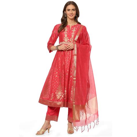 BIBA WOMEN YARNDYED NARROW SALWAR KURTA DUPATTA(SKDBANARAS8136_FUCHSIA ...