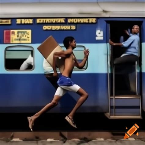 Man attempting to board a running Indian ICF train on Craiyon