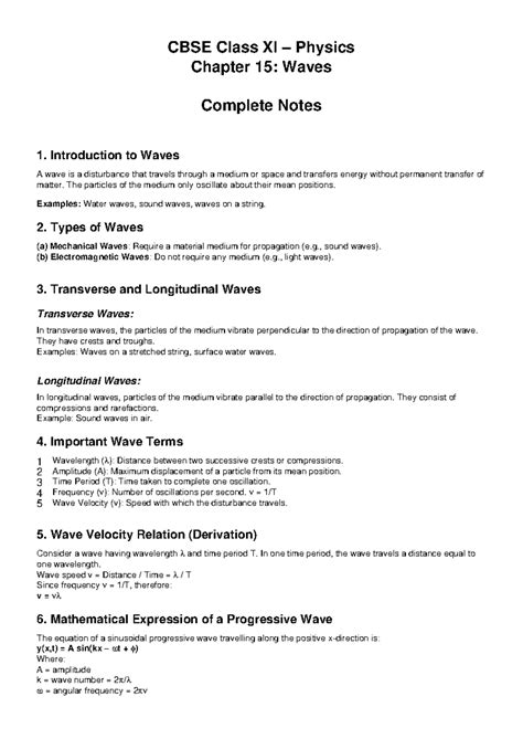 CBSE Class XI Physics Chapter 15: Waves Comprehensive Notes - Studocu