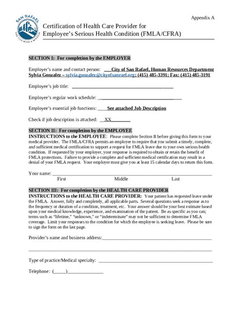 FMLA/CFRA Health Provider Certification - Blank Fillable Template ...