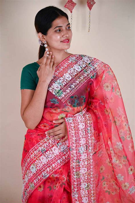 Pink Floral Embroidered Organza Wrap in 1 minute saree | Isadora Life ...