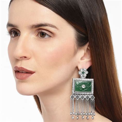 Buy Accessher German Silver Chain Jadau Kundan Drop Earrings With ...