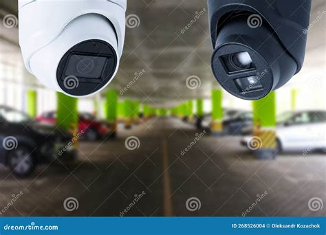 CCTV Security Camera Setup on Parking Lot. Copy Space. Stock Photo ...