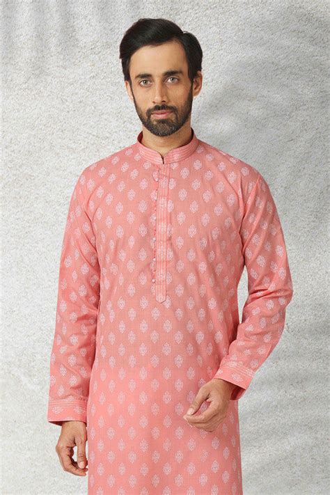 Men's Cotton Printed Work Kurta Pajama In Pink Colour – Trendia