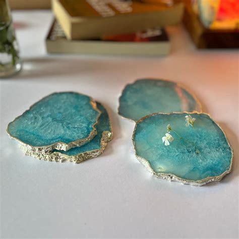 HOMEARTE INDIA Crystal Turquoise Agate Stone Coasters | Silver Plated ...
