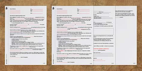Geography Fieldwork Letter to Parents and Consent Form