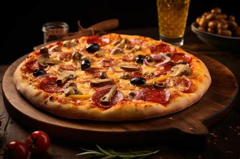 Top view of woman holding a slice of pepperoni pizza with olive tomato ...