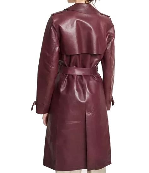 Women's Double Breasted Belted Burgundy Leather Trench Coat - Jackets ...