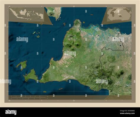 Banten, province of Indonesia. High resolution satellite map. Locations of major cities of the ...