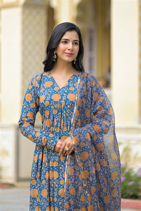 Pushkar Bloom Handblock Cotton Suit Set with Kota Doriya Dupatta