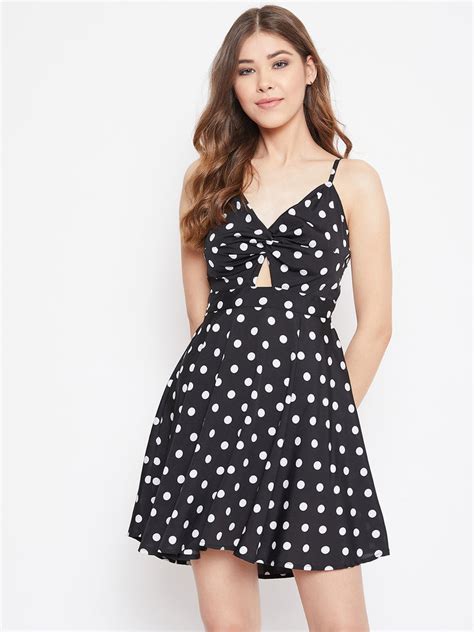 Women Black Polka Dot Printed Front Twisted Fit & Flare Mini Dress ...