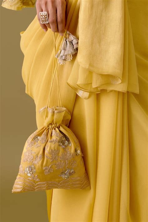 Devnaagri - Mustard Yellow Embroidered Gajji Silk Potli