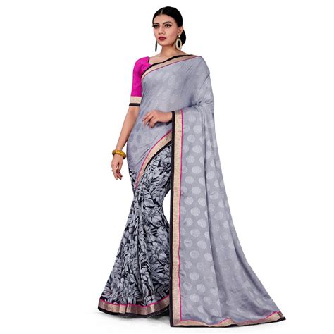 Sensational Grey-Black Colored Party Wear Floral Printed Georgette half ...