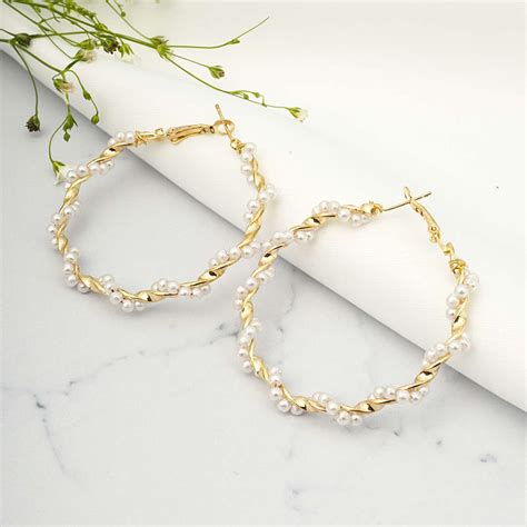 Buy Online Twisted Pearl String Gold Hoops -Ferosh