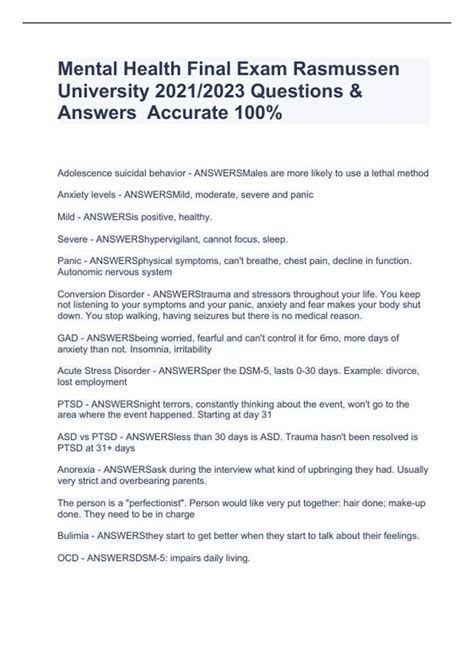 Mental Health-FINAL EXAM Rasmussen Pack 2023 - Stuvia US