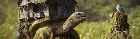 Download wallpaper forest, grass, flowers, house, bird, mushrooms ...