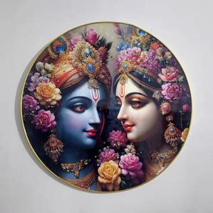 Masstone Radha Krishna Premium Crystal Embedded Gold Strip Framed Round ...