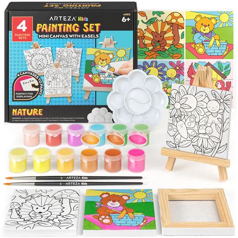 Arteza® Kids Canvas Paint Kit, 4 Mini Canvas- 3 x 3 with Easel, Nature ...