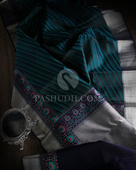 Shades of Navy Blue Pure Silk Saree with Stripes Pattern and Meenakari ...