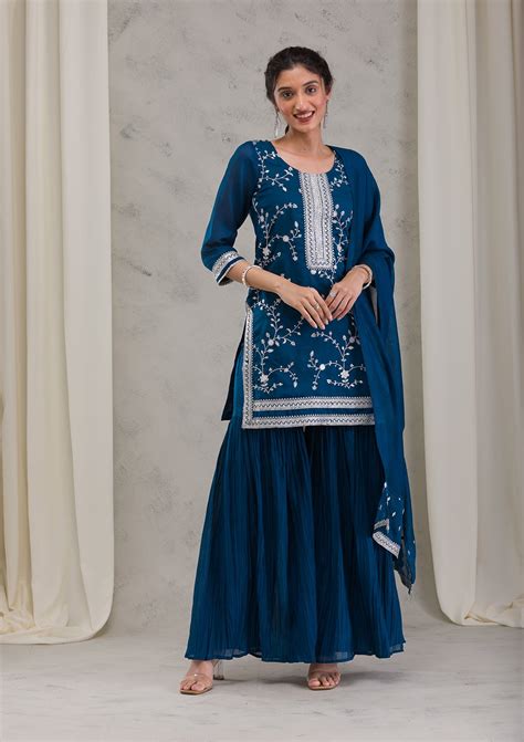 Buy Peacock Blue Threadwork Raw Silk Readymade Salwar Suit - Koskii