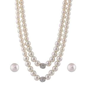 Buy Estele Rhodium Plated Glittering Double Line Pearl Necklace Set ...