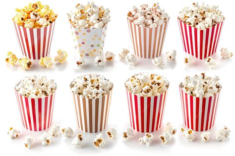 A set of different types of popcorn boxes Isolated on a white ...
