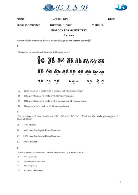 BIO- Inheritace TEST Sheet - Name: Grade: DP1 Date: Topic: Inheritance ...