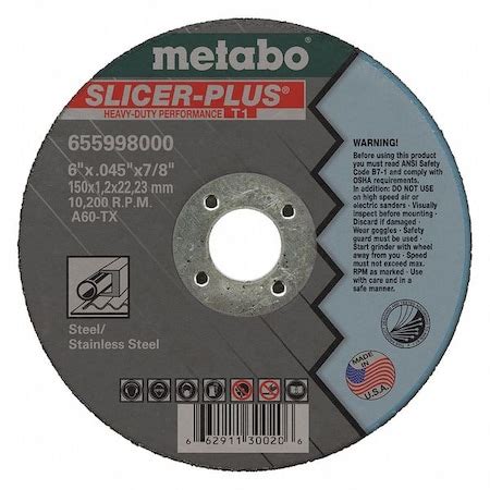 Metabo Abrasive Cut-Off Wheel, Type 1, 6 in Dia, 0.045 in Thick, 7/8 in ...