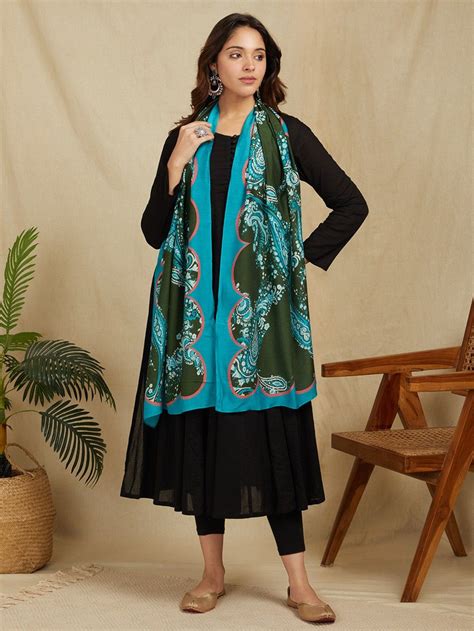 Buy Green Blue Printed Cotton Silk Stole | TPP_ST_TD_003/TPPI1 | The loom
