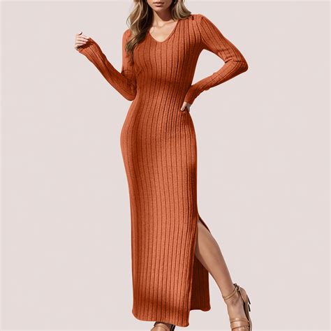 kakina CMSX Women's Ribbed Knit Sweater Dresses,Long Sleeve V-Neck ...