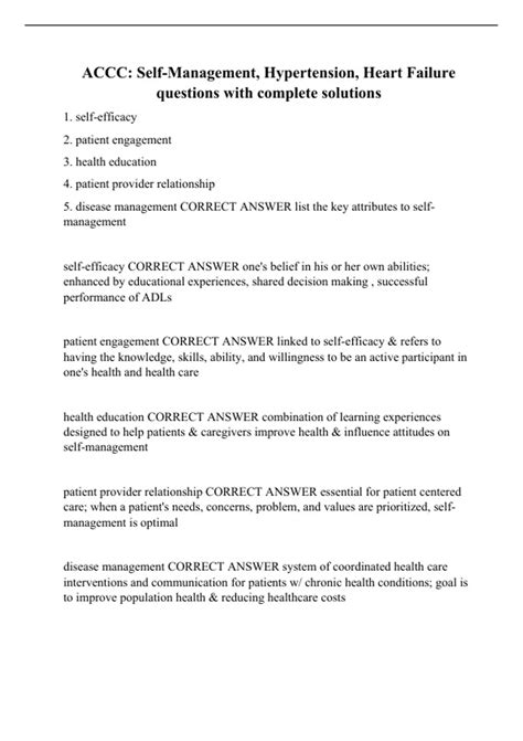 ACCC: Self-Management, Hypertension, Heart Failure questions with ...