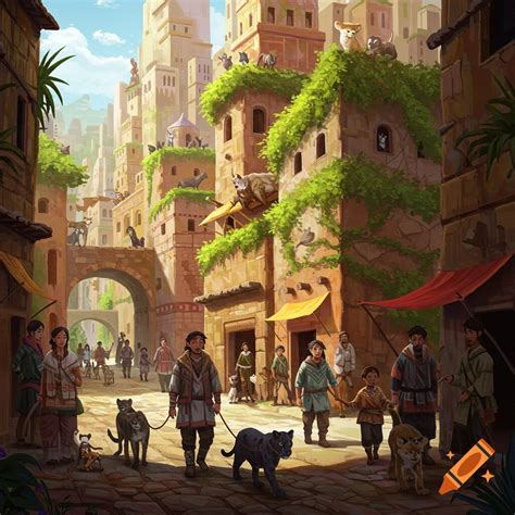 People walking various animals down a sunlit street in a bustling ...