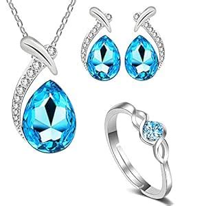 Om Jewells Combo Set Of Blue Crystal Water Drop Jewellery Set With ...