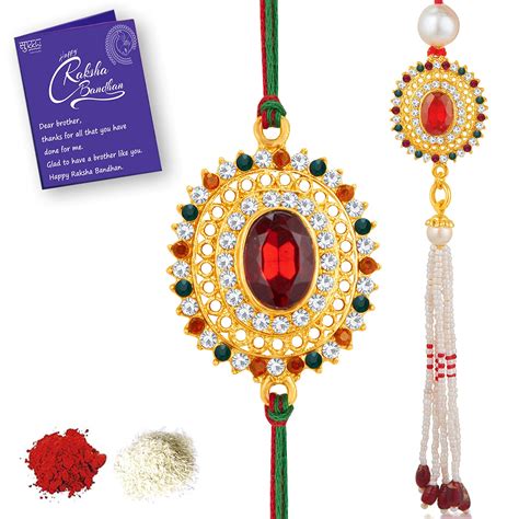Sukkhi Rakhi Kundan Red & Green Designer Gold Plated Bhaiya Bhabhi ...