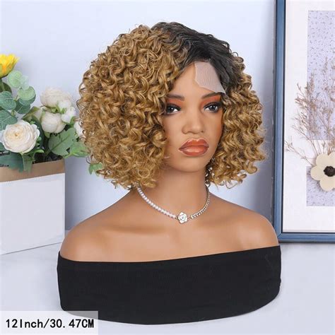 Damskie modne krótkie kręcone syntetyczne peruki z koronką z boku Pixie ...