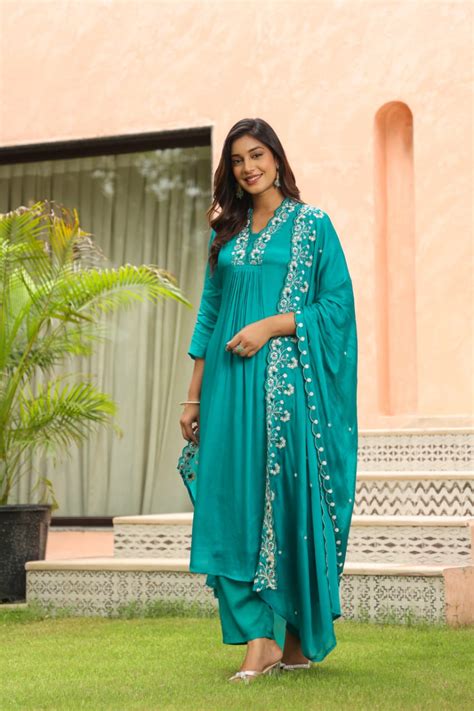 Blue Pure chinon Aline suit with pearl handwork – SHRIEES FASSHIONS