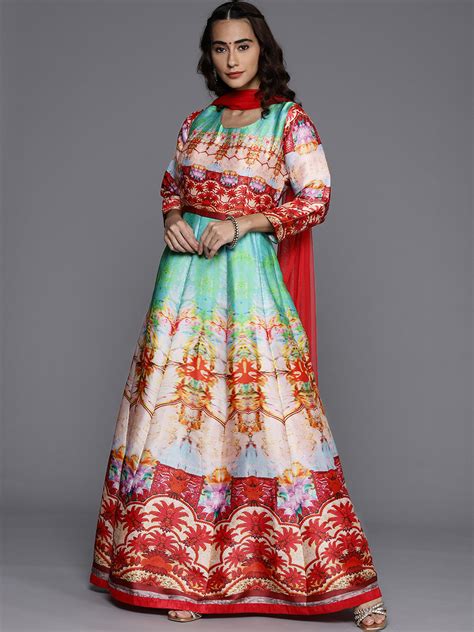 VSOK8534 Made to Measure Red Anarkali Bohemian Printed Dress with Net ...