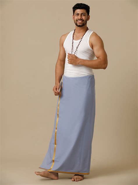 Men Cotton Blend Single Layer Blue Dhoti with Gold Jari Border Cosmic 14
