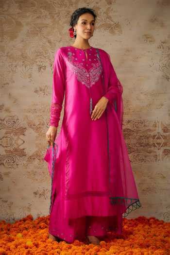 Buy Pink Viscose, Chanderi, Organza Sequins, Paisley Yoke Kurta Palazzo ...