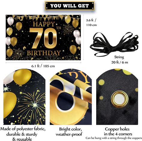 Buy 70th Birthday Party Decorations Backdrop Banner, Black Gold Happy ...