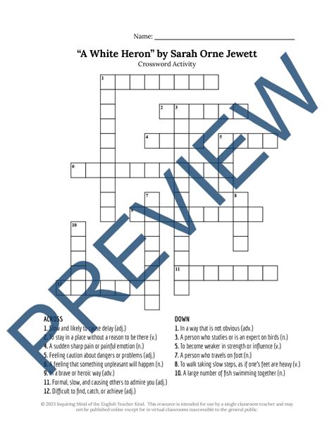 "A White Heron" by Sarah Orne Jewett Vocabulary Games and Activities ...
