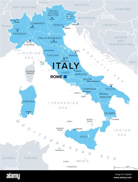The twenty regions of Italy, a country in Europe, political map. First ...