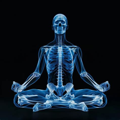 Tranquil meditation posture in skeletal xray illuminated in blue ...