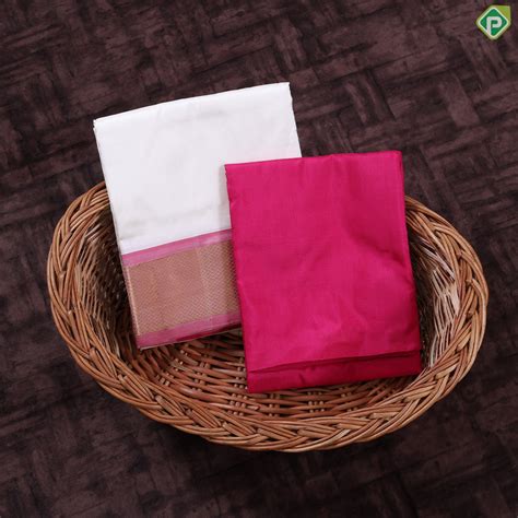 Cream White Rose Pink Gold Zari 120 Kuligai Mayikan Border Vest Dhoti ...