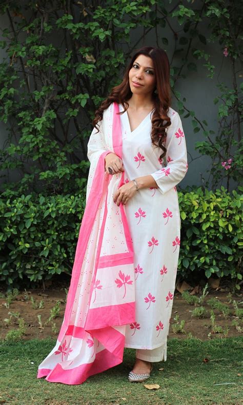Cotton White and Pink Maple Print Suit Set with Cotton Printed Dupatta ...
