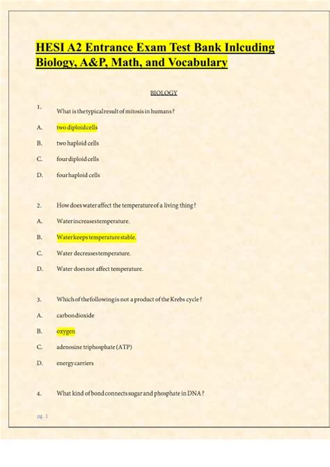 HESI A2 Entrance Exam Test Bank Inlcuding Biology, A&P, Math, and ...