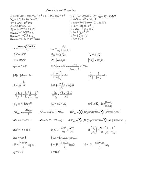 Formula SheetFormula Sheet - Constants and Formulae R = 0 L atm mol-1 K ...