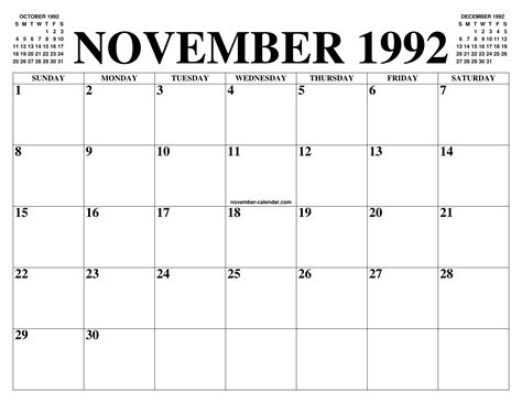 NOVEMBER 1992 CALENDAR OF THE MONTH: FREE PRINTABLE NOVEMBER CALENDAR ...
