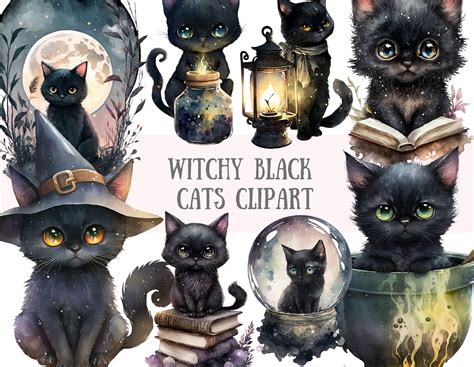 Watercolour Witchy Black Cat Clipart Halloween Cats PNG - Etsy