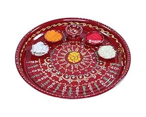 GoldGiftIdeas Metal Achyuth Ganesha Hand Painted Pooja Aarti Thali (Red ...